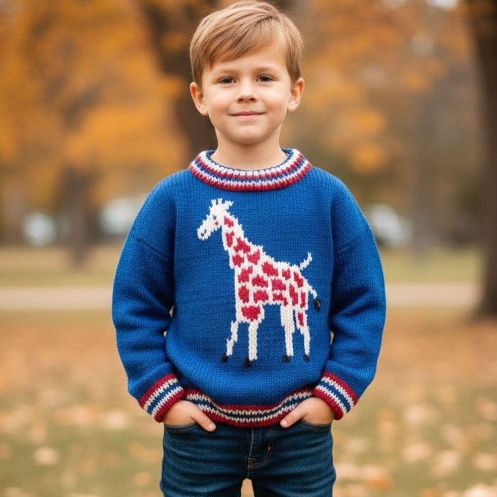 KIDS Handmade Giraffe Knit Navy Crewneck Wool Blend Sweater Size 8